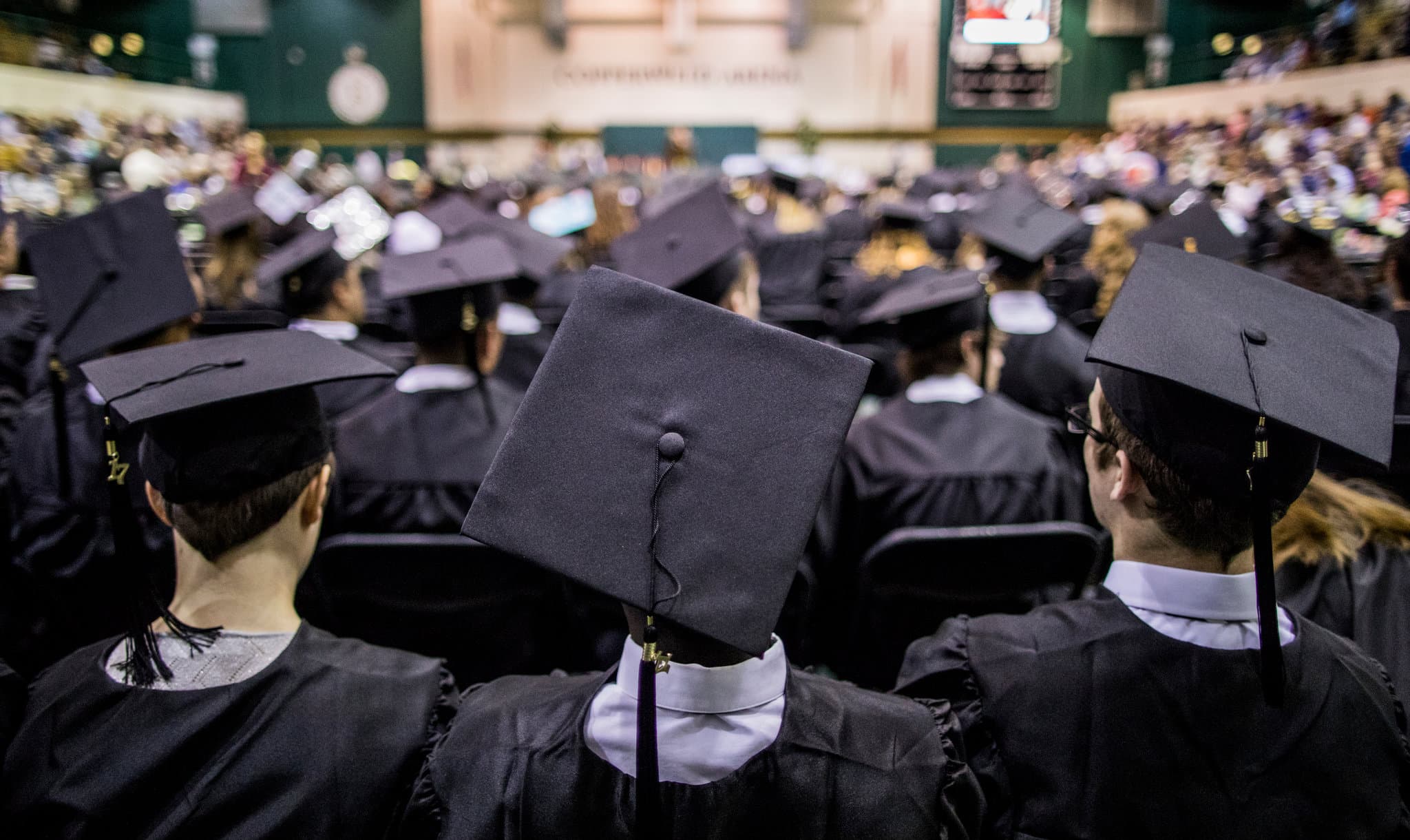 Graduates at a university commencement ceremony